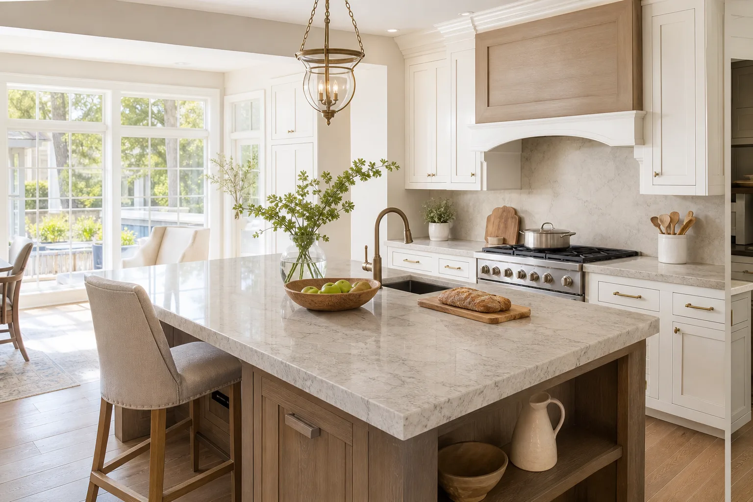 Veined stone island countertop and matching backsplash in a bright white suburban kitchen