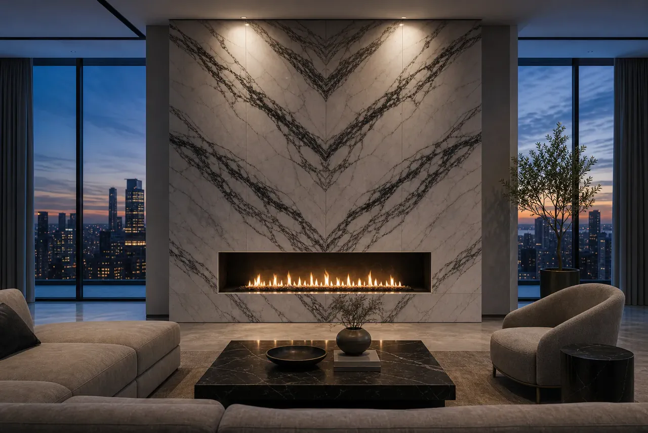 Calacatta Nocturne Modern Fireplace