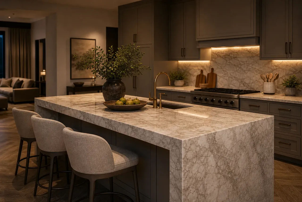 Lumen Waterfall and Backsplash Kitchen
